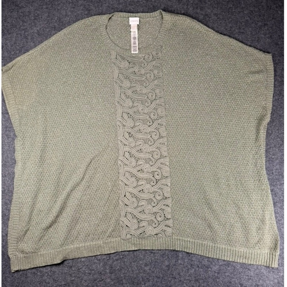 Chicos L/XL Green‎ Lace Front Knit Short Sleeve Poncho Top Sweater